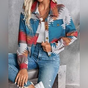 Southwestern Print Button-Up Jacket in Teal, Red & Tan